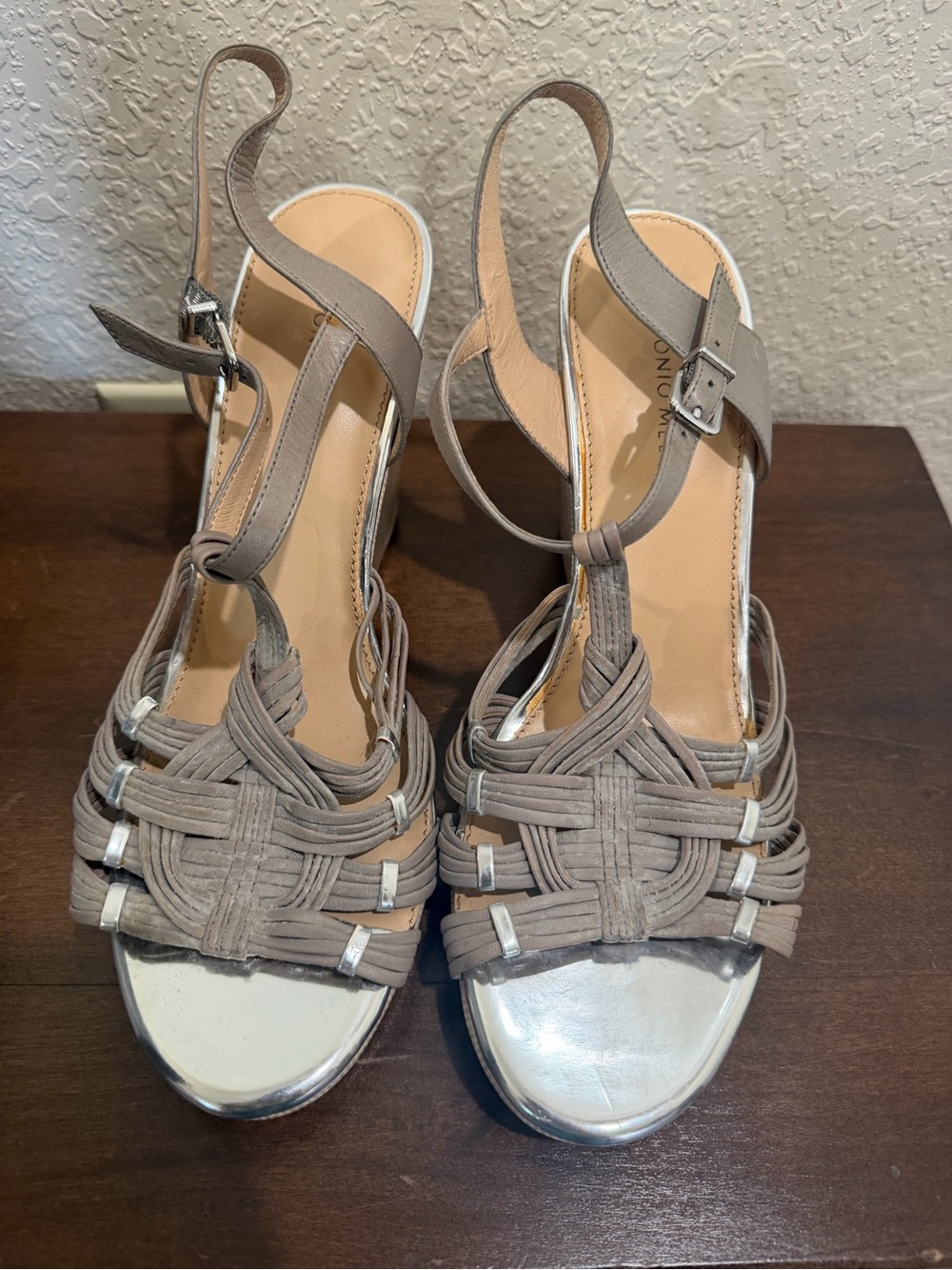 ANTONIO MELANI Taupe Woven Slingback Heels with Silver Toe